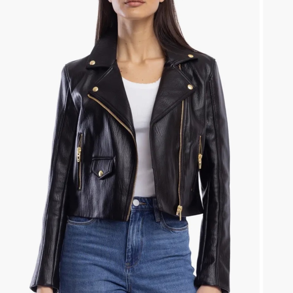NWOT Blank NYC Black faux Leather Moto Jacket with Gold Accents size small